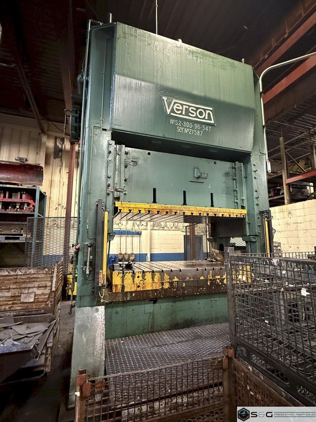 300-ton Verson Straight Side Mechanical Stamping Press For Sale. Model S2-300-96-54t, In Operation in a plant!