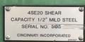 20' X 1/2" CINCINNATI MODEL #4SE20 HYDRUAULIC SHEAR: YOBRO #25441