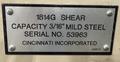 0.187" x 14' Cincinnati Power Squaring Shear STOCK# 4319