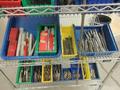 Drills, Large Assortment including, Hammer Drills, Reamers, Counter Sinks Taps On MORE on Uline 4-Shelf 36" x 24" x 78" Metal Wire Rolling Cart- Auction Item