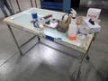 Metal Frame Rolling Table with Wood and Glass Top *No Contents*- Auction Item
