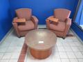 Lobby Cushioned Chairs with Folding Work Shelf (2pcs) and Round Side Table- Auction Item