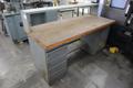 Equipton Work Bench, Wood Top, Upper Shelf, Lower Shelf, Base with 4-Drawers and Cabinet- Auction Item