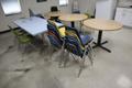 Lunch Room Tables (3) Round and 1 Rectangular with Steel and Plastic Chairs- Auction Item