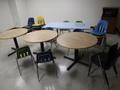 Lunch Room Tables (3) Round and 1 Rectangular with Steel and Plastic Chairs- Auction Item