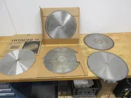 Cut-Off Saw Blades (4pcs) Carbide Tipped Nap Gladu, Leuco and Other 16" x 1" **Used But Still Sharp**, (1pc) Hitachi 15" x 1" Wood Miter Saw Blade **Looks Unused**- Auction Item