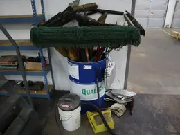 Drum of Cleaning Tools, Brooms, Squeegees, Dust Pans, Bucket Vac- Auction Item
