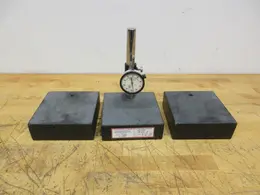 Black Granite Surface Plate 6" x 6" with Post and Starrett .001" x 1" Travel Indicator and (2) Spare Granites 6" x 6" x 2"- Auction Item