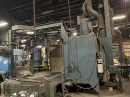 Wye type spinner hanger blast cleaning machine 48" x 66" opening, 2- 10hp direct drive shot wheels, shot return system and controls, this machine is offered reconditioned