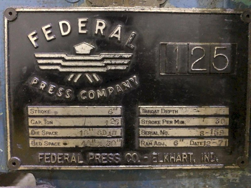 125 TON FEDERAL MODEL S2-125-48-30 STRAIGHT SIDE SSDC STAMPING PRESS, 6" STROKE: STOCK 16276