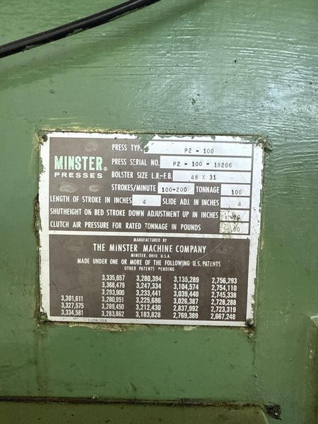 100 TON MINSTER P2-100-48 PIECE MAKER STRAIGHT SIDE HIGH SPEED PRESS. STOCK # 0773225