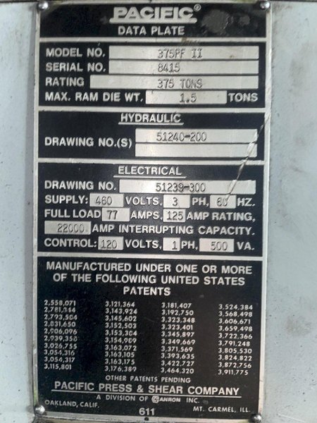 375 TON PACIFIC MODEL #375PF-II PRESSFORMER HYDRAULIC C-FRAME PRESS : STOCK #16259