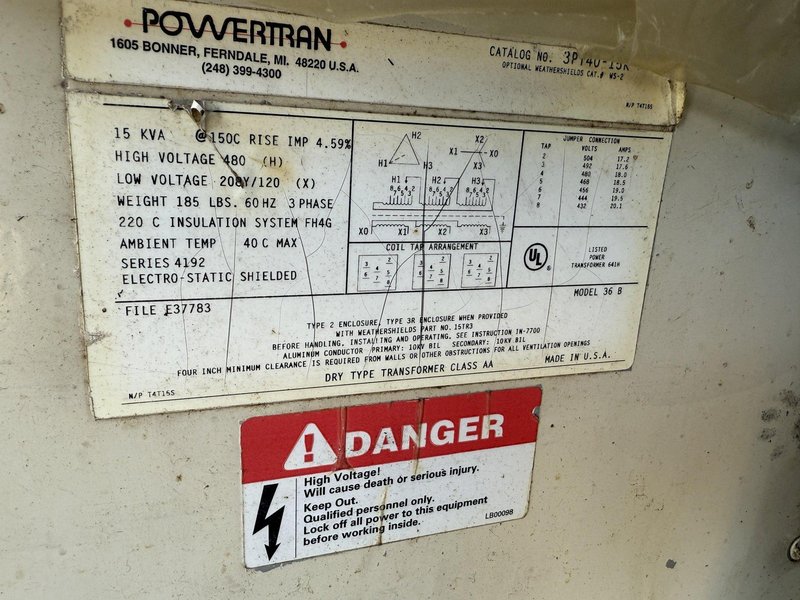 15 KVA POWERTRAN 480 <-> 208Y/120 ELECTRICAL TRANSFORMER: YOBRO #24099