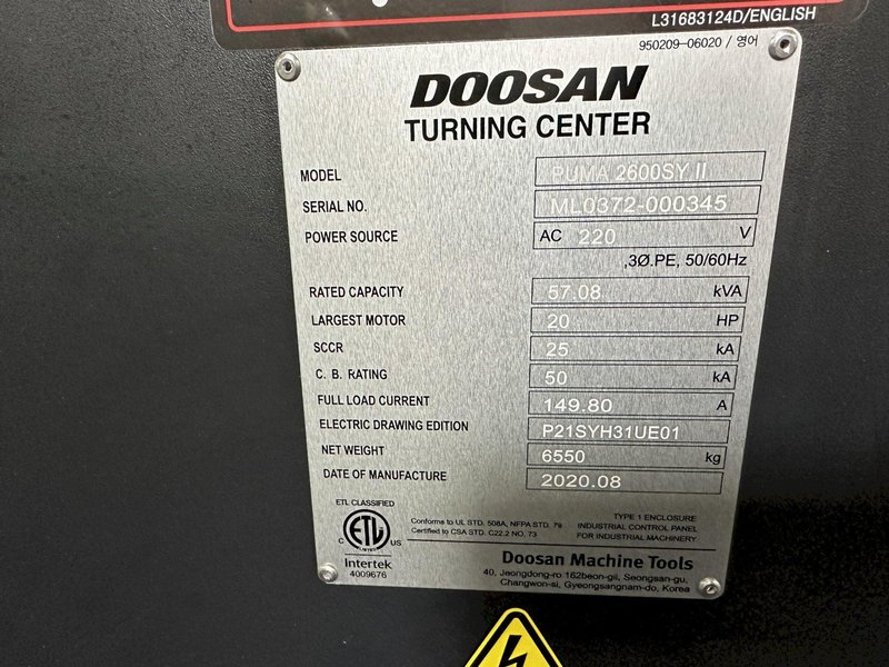 2020 Doosan Puma 2600SY II CNC Universal Turning Center With Milling, Y Axis &amp; Sub Spindle