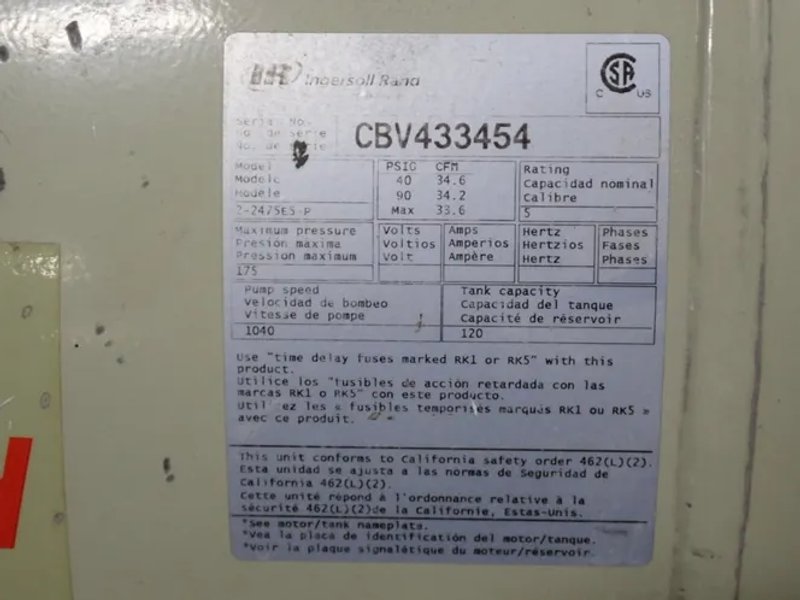 Ingersoll Rand (2) 3//5 Hp Air Compressor - 2-2475es-p