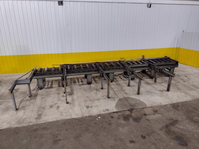 30' LONG POWERED ROLLER CONVEYOR W/ BEAM TRANSFER ARMS: STOCK #20756