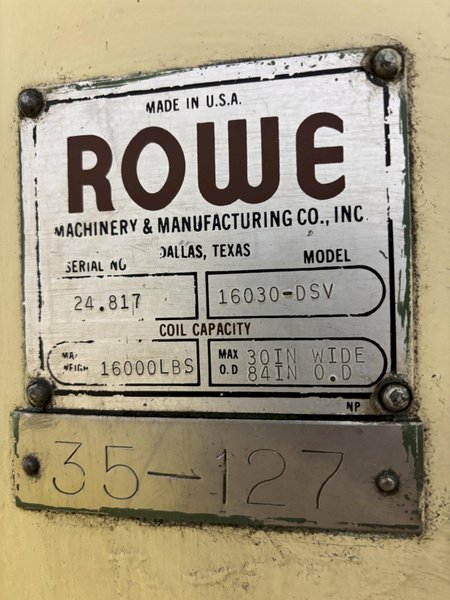 16,000 LBS X 30" X 84" OD ROWE MODEL #16030-DSV MOTORIZED COIL REEL UNCOILER: STOCK #22333