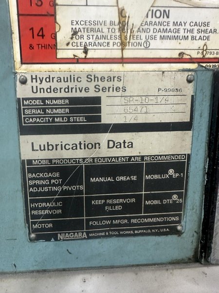 10' X 1/4" NIAGARA MODEL #SP-10-1/4 HYDRAULIC SHEAR: YOBRO #23863
