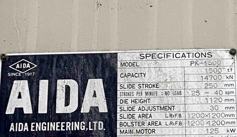 1500 Ton Aida Knuckle Joint Press, Model PK-1500, 9.84" STR, 44.09" SH, 1.18" ADJ, 47.24" x 47.24" Bed, 25-40 SPM Vari