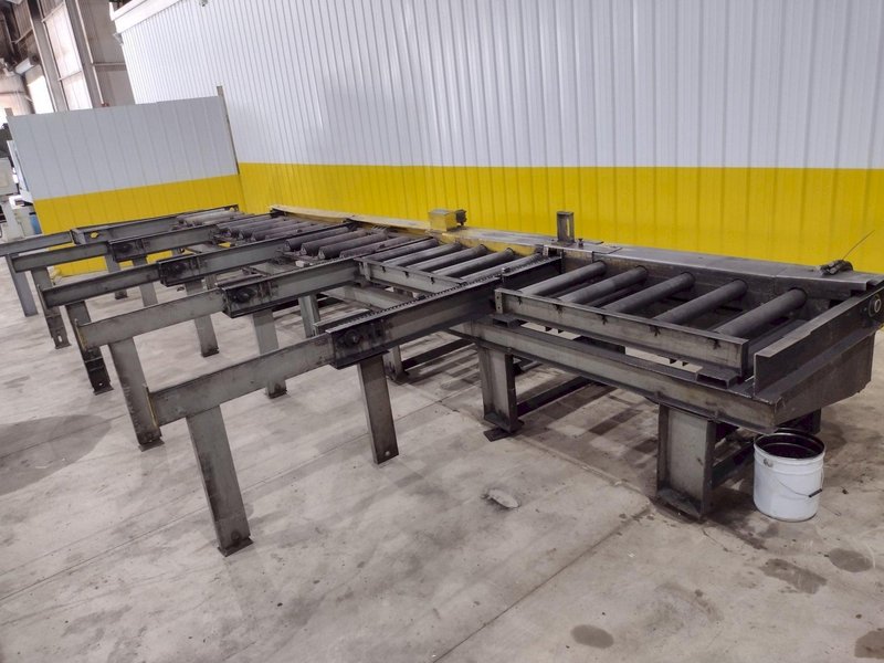 30' LONG POWERED ROLLER CONVEYOR W/ BEAM TRANSFER ARMS: STOCK #20756