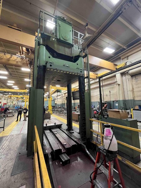 224 Ton Reis 4 Post Hydraulic Spotting Press, Model TUS-180 OK-200, 71" x 98" Roll Out Table, Tilt Down Ram, 106" STR, 118" DLO, 1994