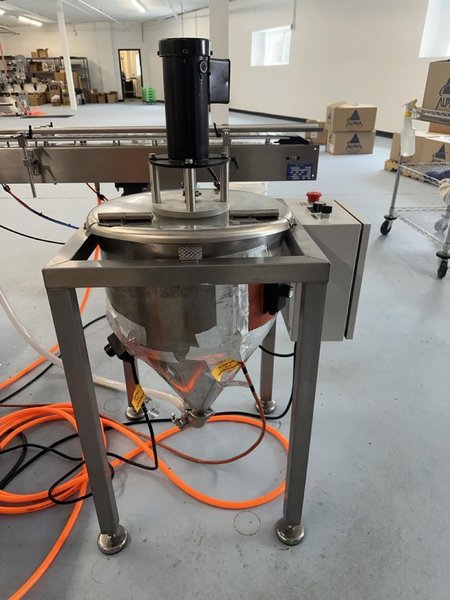 Accutek SVF 02-002-000 Single Piston Filler with Conveyor, Heated and Agitated Hopper, and E-Pak Accumulation Table, 2014