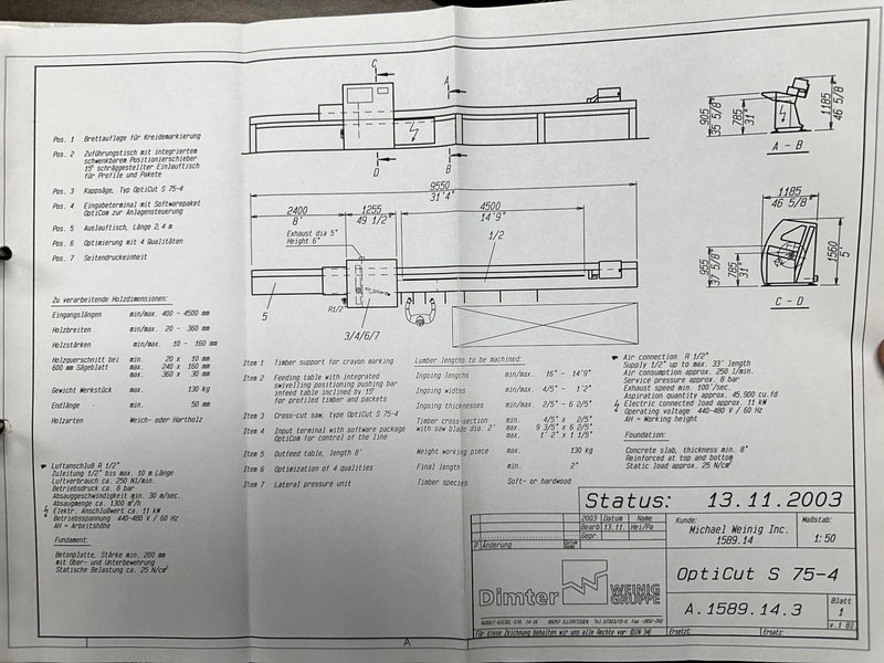 6" HIGH X 14" WIDE WEINIG DIMTER  OPTICUT MODEL #S75 CROSS-CUT AUTOMATIC WOOD SAW, NEW 2003: STOCK #22923