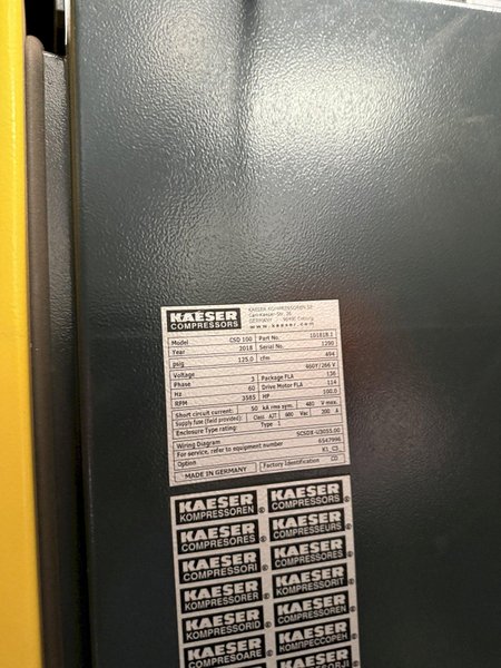 2018 Kaeser model CSD 100 sigma air cooled air compressor s/n 1290, 100 hp, 494 cfm, 9,175 run hours, 6,582 load hours