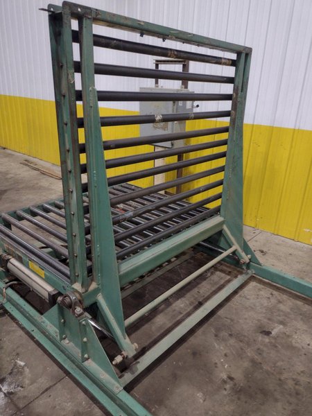 60" x 48" ROACH LIFT &amp; TILT UPENDER / TABLE WITH ROLLER CONVEYOR, 115 VOLT &amp; AIR: YOBRO #24709