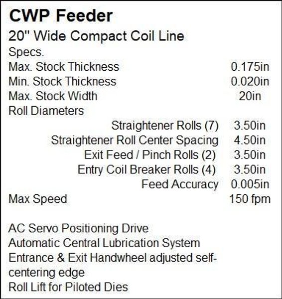 18” X .175”  X 8,000 LBS CWP MODEL #SFAC4-20 SPACE-SAVER AUTOMATIC DOUBLE END SERVO COIL FEED LINE: STOCK #22215