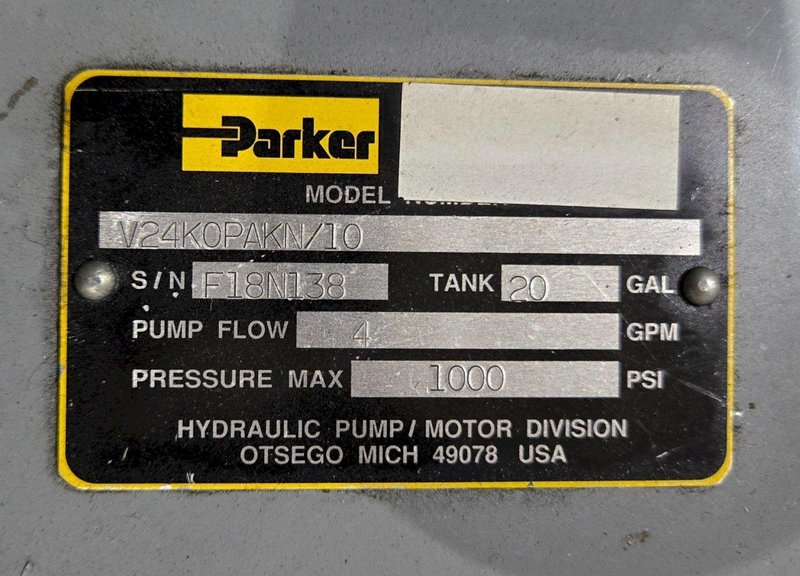 PARKER V24K0PAKN/10 1000PSI 20GAL 4GPM HYDRAULIC POWER UNIT USED