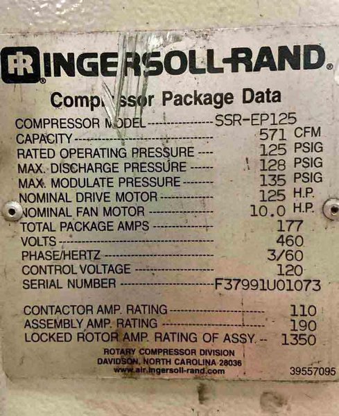 125 HP Air Compressor, Ingersoll-Rand STOCK#3750