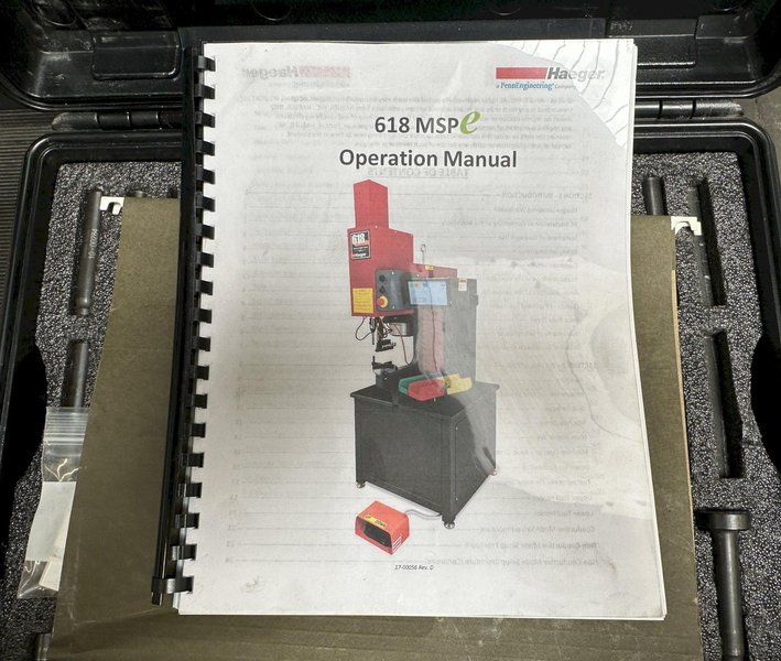 Haeger 618-MSP  w/ IMSTP (Inch/Metric Standard Manual Tooling Package), TPS-Tooling Protection System, Batch Counter, In-tank hydraulic filter system, Variable dwell timer for use with hard material, and Adjustable Stroke 10 to 200mm