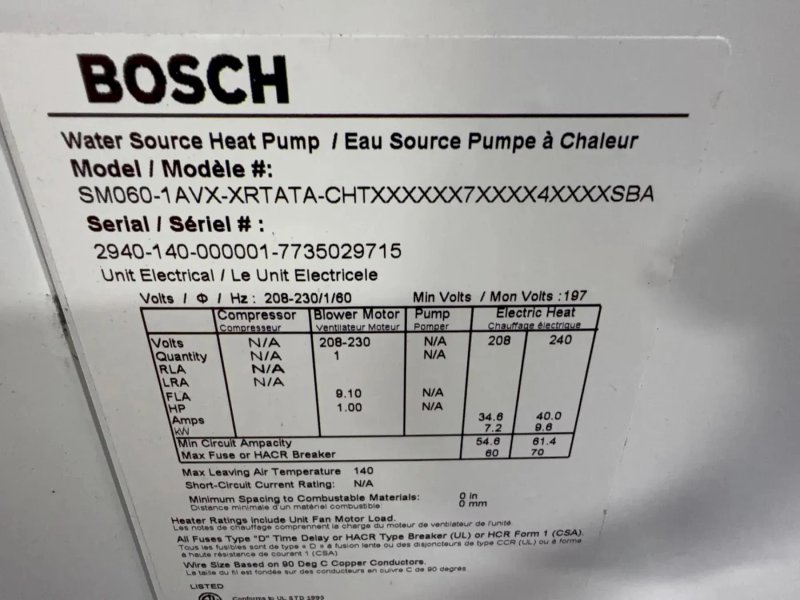 Bosch Water Source Heat Pump - Sm060-1avx-xrtata-chtx