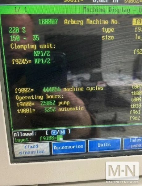 17 TON .05 OZ ARBURG MODEL 220S-150-35 INJECTION MOLDING MACHINE MFG 2000 WITH VERY LOW HOURS