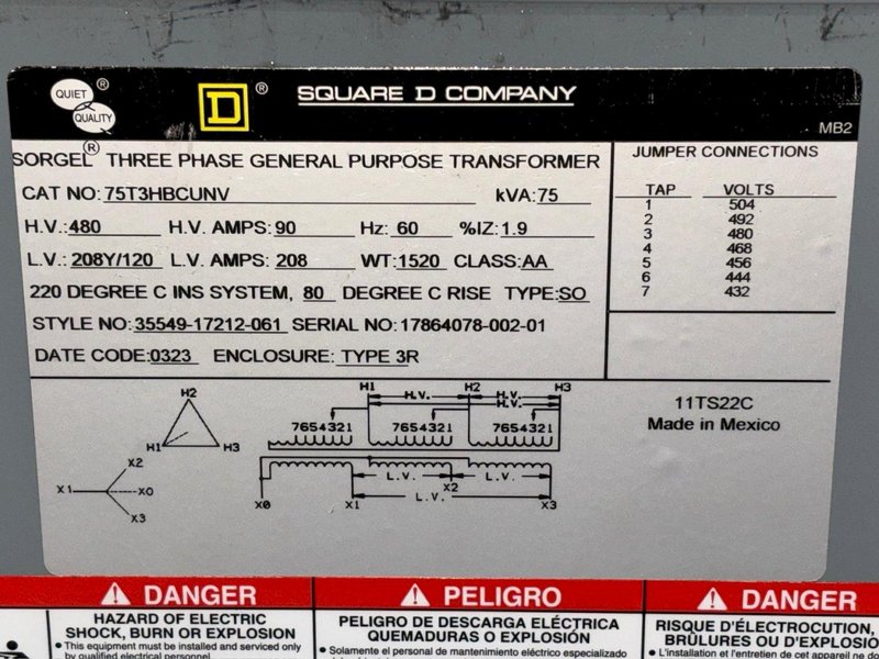 75 KVA SQUARE D 480 <-> 208y/120 ELECTRICAL TRANSFORMER: YOBRO #24138