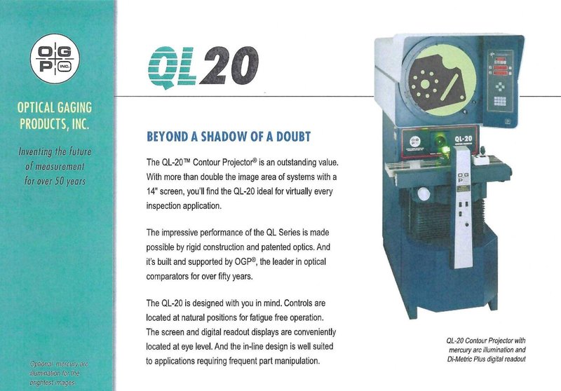 20" Optical Gaging Products (OGP) Model QL20 Optical Comparator,  s/n QL200552.