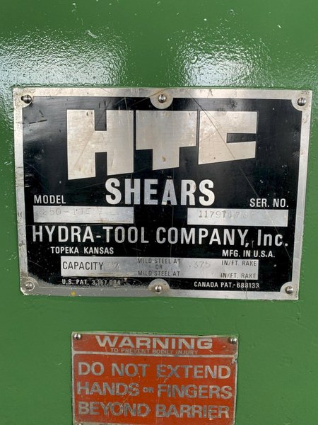 10' X 1/4" HTC MODEL 250-10A HYDRAULIC POWER SQUARING SHEAR. STOCK # 0684224.