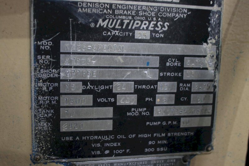 25 TON DENISON HYDRAULIC C FRAME  PRESS: STOCK #76354