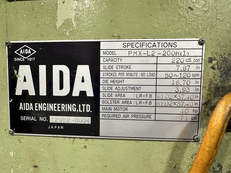220 TON AIDA #PMX-L2-200H SSDC PRESS LINE, COMPLETE WITH CWP SPACE SAVER COIL FEED LINE: STOCK #22213