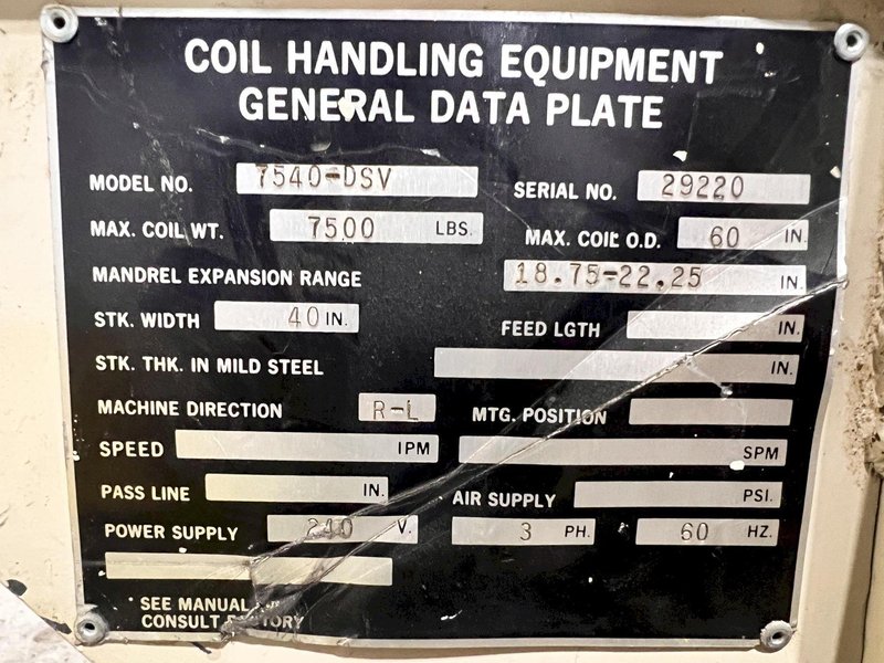 7,500 LB X 40" ROWE 7540 DSV MOTORIZED COIL REEL UNCOILER: STOCK #21925