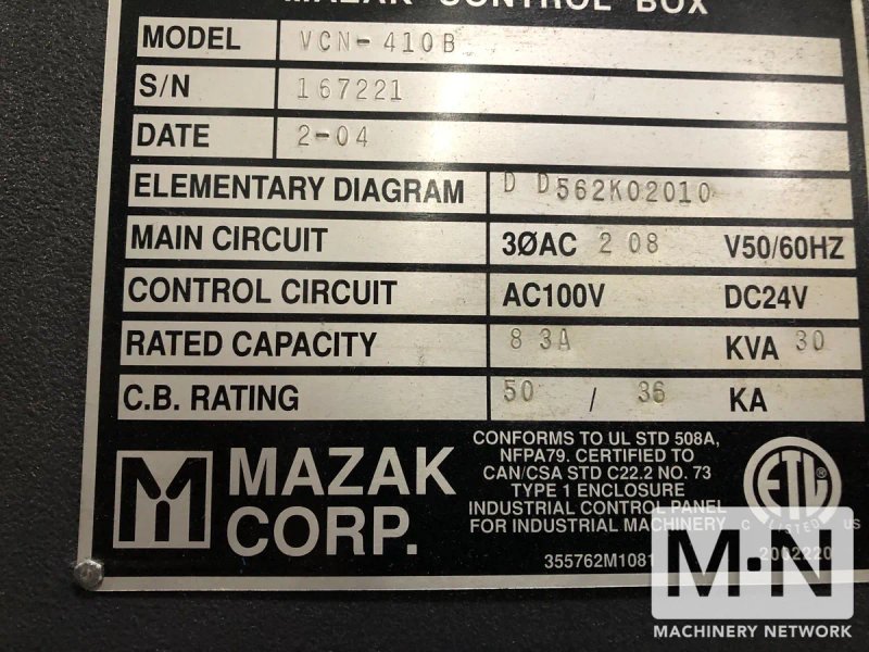 Mazak Nexus VCN-410B 4-Axis CNC Vertical Machining, 2004