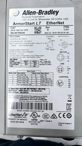 ALLEN BRADLEY 291E-FAZ-G2-3FR ONLINE REVERSING STARTER USED