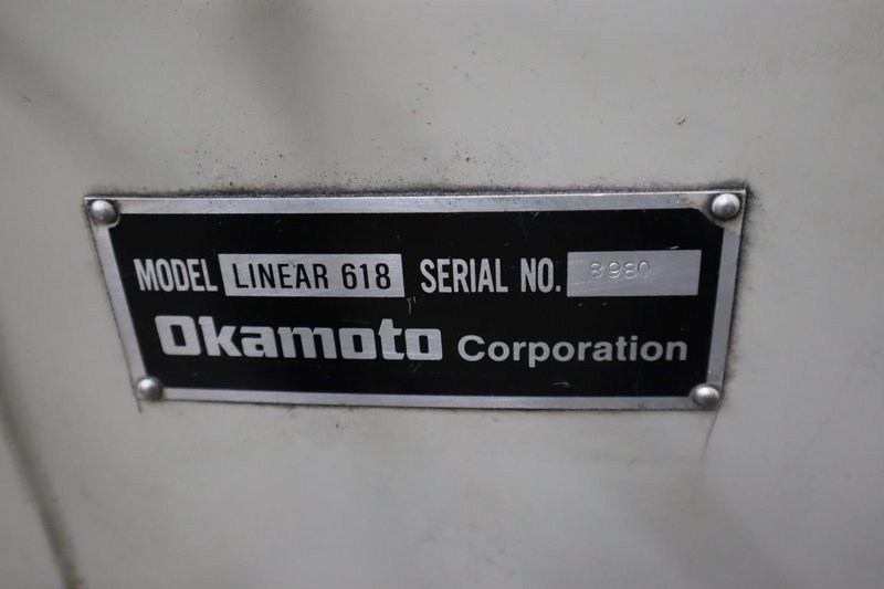 Okamoto Linear 6.18 Hand Feed Surface Grinder, 6"x18", Heidenhain 2-Axis DRO, EM Chuck, Vac-U-Guard, Coolant- Auction Item