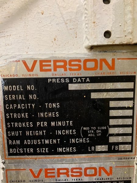 150 TON VERSON OBI PRESS, MODEL 150, 8" STR, 22" SH, 50" LR X 30" FB BA, 46 SPM