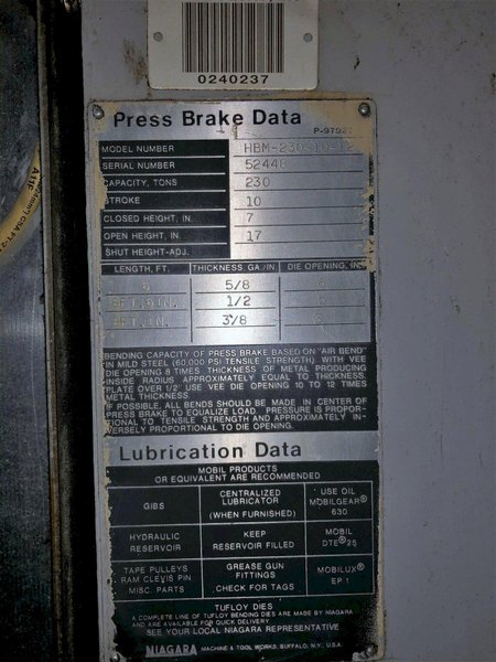 230 TON X 12' NIAGARA MODEL #HBM-230-10-12 HYDRAULIC PRESS BRAKE: STOCK 12779