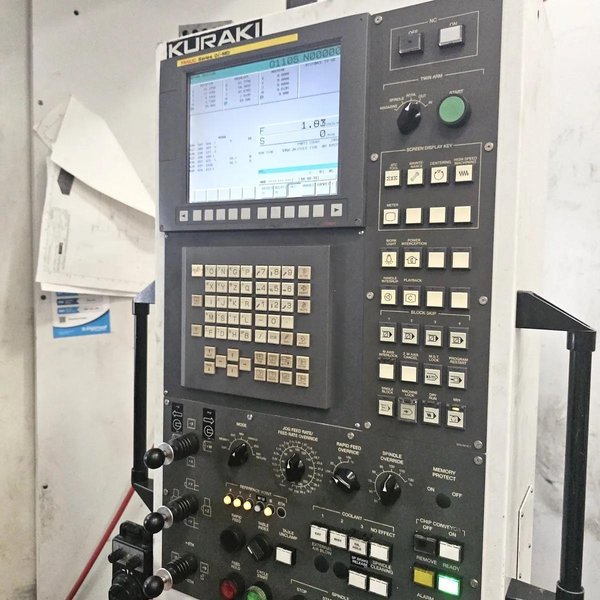 Kuraki AKB-13 5″ Spindle Horizontal Boring Mill, 2015 – Fanuc 0iMB Control 5 Axis Control, 60 ATC, 1000 psi TSC, Rigid Tap, Full B Axis 360 Degree Rotary Table, Barnes Chip/Coolant Separator w/ Lift Up Conveyor