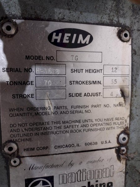 70 TON HEIM MODEL #7G GAP FRAME PUNCH PRESS, 5" STROKE: STOCK #22126