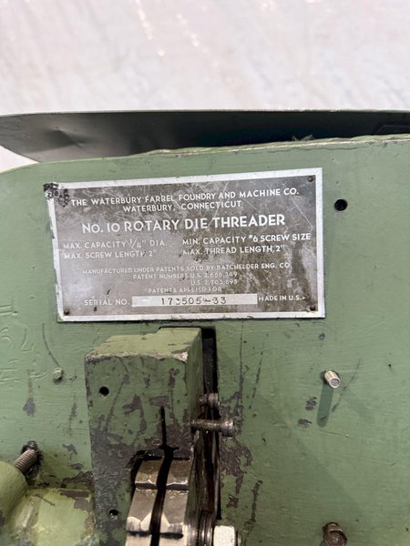 1/4" X 2" WATERBURY FARREL MODEL 10 THREAD ROLLER MACHINE. STOCK # 1223524.