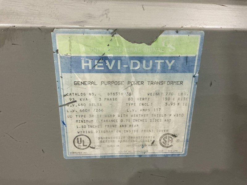 93 KVA SOLA/HEVI-DUTY 460V DELTA <-> 460Y/266V DRY TYPE ELECTRICAL TRANSFORMER: YOBRO #26279